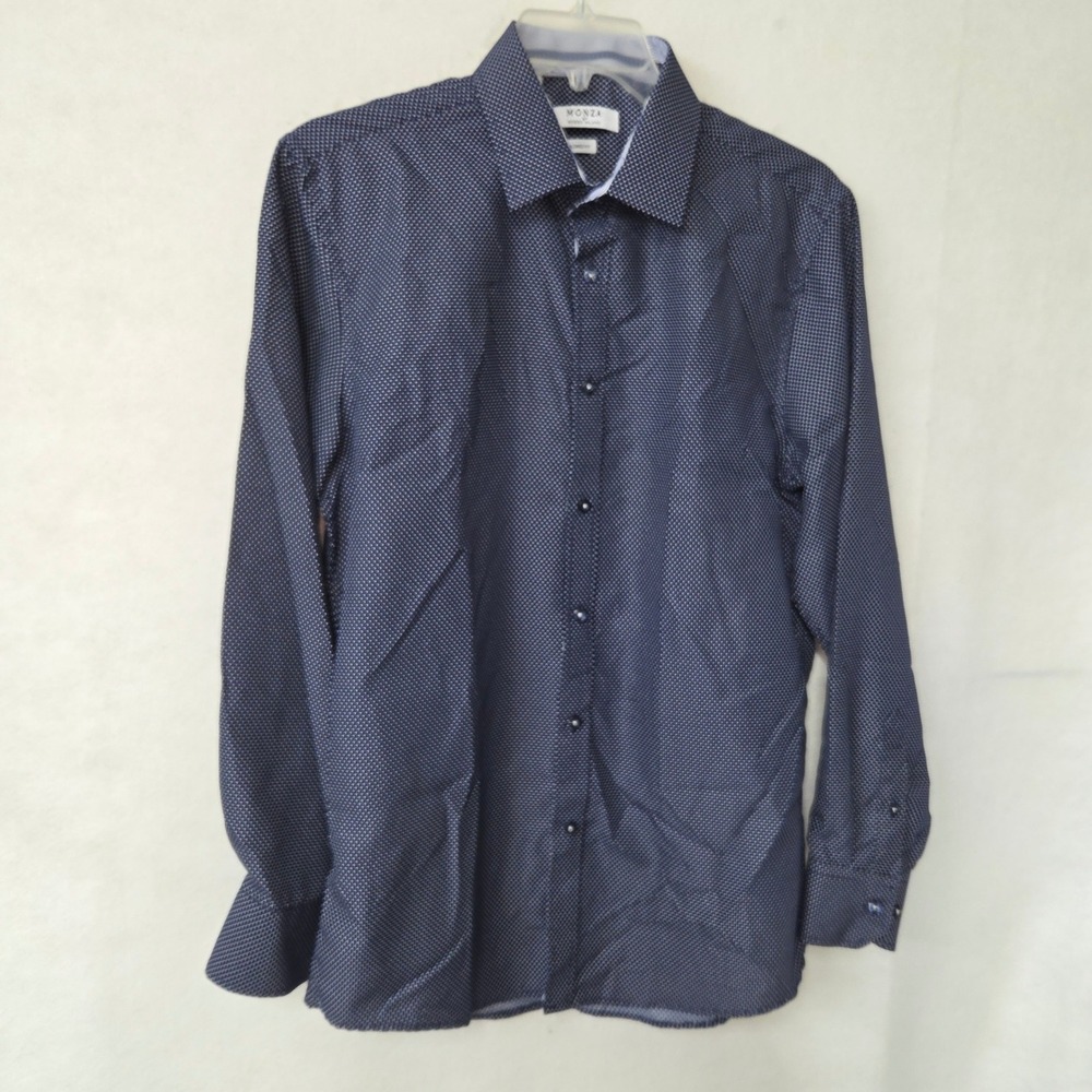 MONZA BY ROSSO MILANO Tailored Fit Long Sleeve Dress Shirt Blue White Dot Mens L